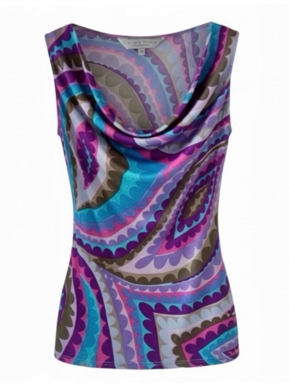 Trina Turk Multicolored Abstract Print Draped Neck Sleeveless Silk Top Size 0